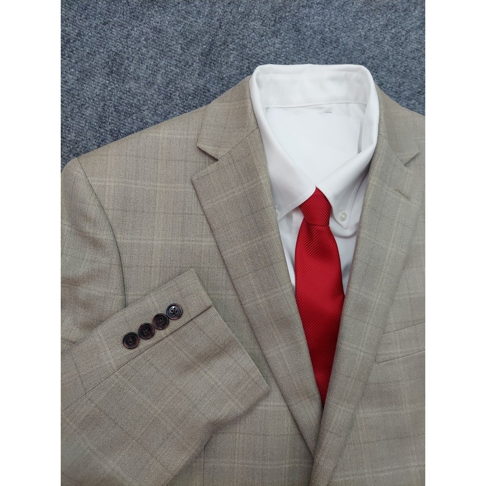 Lauren Ralph Lauren Blazer Jacket Mens 42 Long Beige Plaid Wool Silk Sportcoat